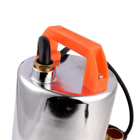 Close-up of the DC 12V Solar Submersible Water Pump 130W, 1 Inch Outlet, Stainless Steel Well Booster with orange handle.