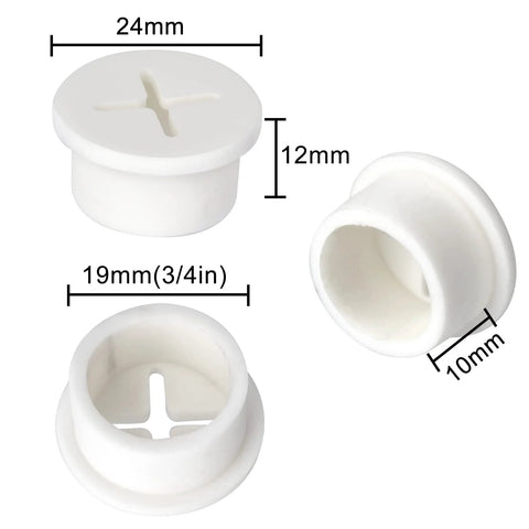 Silicone Cable Grommet Set, 12 Pcs 3/4 Inch Hole Covers shown with dimensions in white silicone
