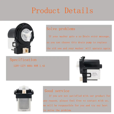 Washer Drain Pump Replacement DC31-00054A Fits Front Load Washers With No Drain Drama Fix For WF448AAP XAA WF210ANW XAA WF220ANW XAA WF448AAW XAA WF328AAW XAA WF330ANW XAA WF218ANW XAA WF350ANW XAA DC31-00016A AP4202690 black plastic pump, side view