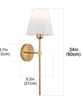 24 Inch Battery Powered Wall Sconce Pair with remote, 5000mAh LED, dimmable, gold finish, no wiring, dimensions visible