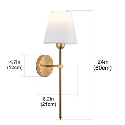 24 Inch Battery Powered Wall Sconce Pair with remote, 5000mAh LED, dimmable, gold finish, no wiring, dimensions visible