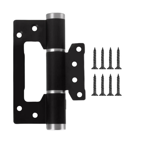 Black automatic door closing hinge with quiet hydraulic buffer, aluminum hardware, and screws, modern universal door hinge.