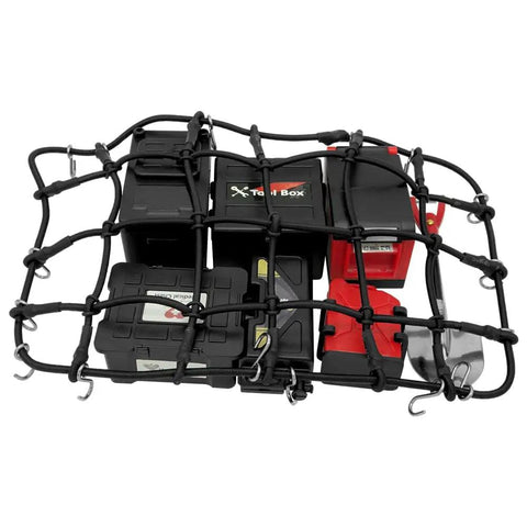 10 Piece RC Crawler Roof Rack Gear Kit With Luggage Net Fishing Box Oil Drum Shovel Antennas Recovery Board For Traxxas TRX4 TRX6 Axial SCX10 Redcat GEN7 GEN8 Rc4wd Black showing luggage net and accessories.