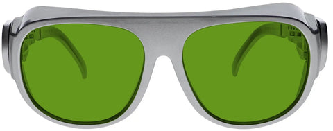 Heavy Duty Laser Safety Glasses With Kickass Polycarbonate Lenses And Bulletproof Optical Density Eight Plus in green lens front view.