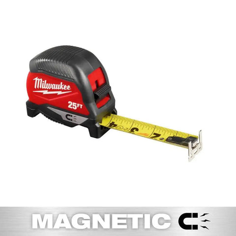 25 Ft Magnetic Tape Measure With Stiff Straight Blade For Better Balance And Control, Precision Oriented Design For Quick Accurate Readings, Red Handle, Durable Steel Tape For Pro Level Framing And DIY Projects. Red-and-black 25 ft magnetic tape measure with steel blade and hooked end