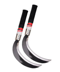 Short Handle Manganese Steel Garden Weeding Sickle Tool Two Piece Set with durable blades and black handles for yard work.