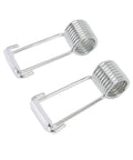 Close-up of two steel spring hinges from the Self Closing Door Closer Kit Four Pack Easy Install 2 Cm Spring Hinges Stainless Steel Automatic Door Closer.