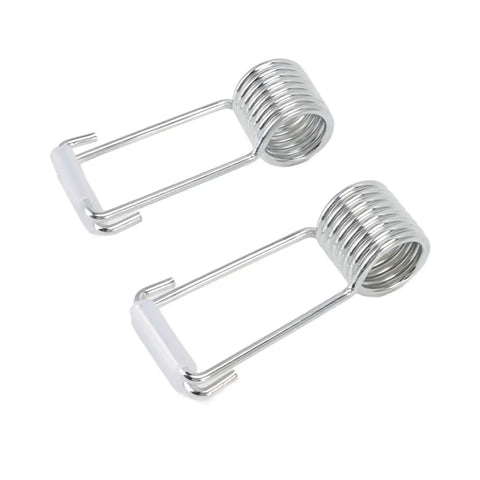 Close-up of two steel spring hinges from the Self Closing Door Closer Kit Four Pack Easy Install 2 Cm Spring Hinges Stainless Steel Automatic Door Closer.
