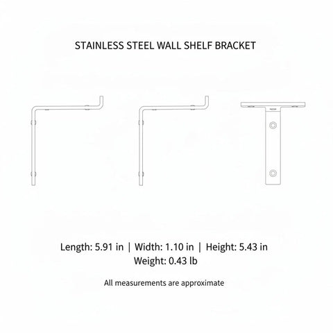 Rock Solid Stainless Steel Wall Mount Bracket For 5.9 Inch Shelves dimensions illustration