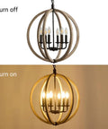 Orb 6 Light Farmhouse Chandelier In Brown Wood Finish With Globe Design shown off and on.