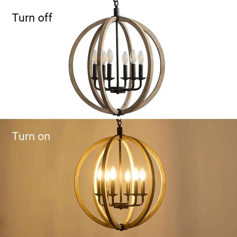 Orb 6 Light Farmhouse Chandelier In Brown Wood Finish With Globe Design shown off and on.