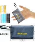 Front view of 20-piece universal jig saw blade set with blue fabric carry pouch and assorted blades.