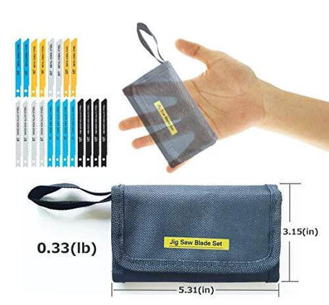 Front view of 20-piece universal jig saw blade set with blue fabric carry pouch and assorted blades.