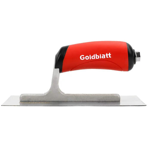 Side view of 8-Inch By 3-Inch Masonry Finishing Trowel With Soft Grip Handle, showing rugged hardened spring steel blade and riveted handle.