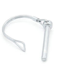 4 Pack One Quarter Inch By Two Inch Wire Lock Pins Heavy Duty Zinc Plated PTO Hitch Pins shown in side view, metallic and hooked.