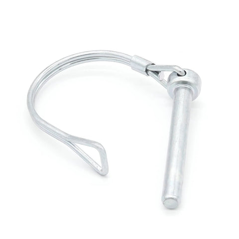 4 Pack One Quarter Inch By Two Inch Wire Lock Pins Heavy Duty Zinc Plated PTO Hitch Pins shown in side view, metallic and hooked.