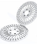 Heavy Duty Front Brake Rotor Pair Two Piece Set For Left Driver And Right Passenger Side Replacement Stainless Steel Silver Finish, showcasing round rotors with perforated design.