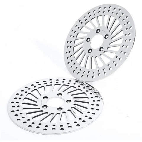 Heavy Duty Front Brake Rotor Pair Two Piece Set For Left Driver And Right Passenger Side Replacement Stainless Steel Silver Finish, showcasing round rotors with perforated design.