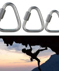 Three sizes of stainless steel triangle carabiners, heavy duty safety lock for climbing caving rappelling firefighting