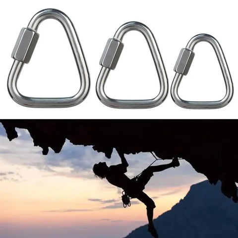 Three sizes of stainless steel triangle carabiners, heavy duty safety lock for climbing caving rappelling firefighting