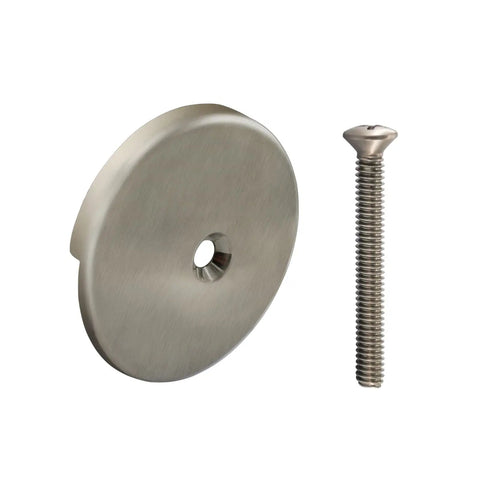 Brushed Nickel overflow cover and screw part of One And Three Quarter Inch Threaded Tub And Shower Drain Kit With Push N Lock Drain Assembly