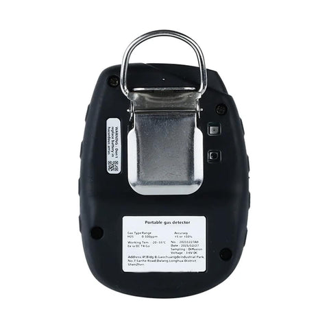ATO Ammonia gas monitor NH3 single gas detector, black handheld unit with metal belt clip and hanging ring (back view)