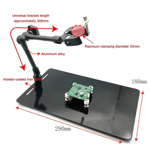 Adjustable Hot Air Gun Stand With Hands Free Holder For BGA Rework And PCB Desoldering Durable Aluminum Clamp Fits Up To 55mm displayed on a black base with measurements.