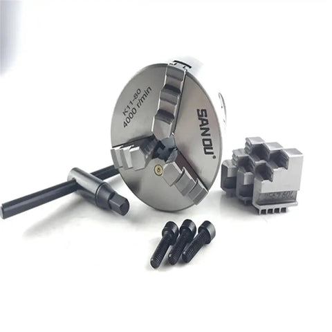 High-Performance K11-80 Metal Lathe Chuck, 80mm 3-Jaw Scroll Design For Mini Mills And Woodworking Tools, Hardened Steel Jaws With Up To 4000 Rpm Stability with a wrench and screws.