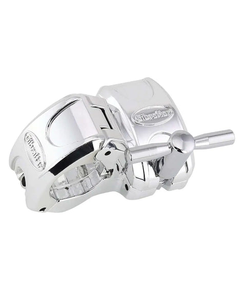 Top Shelf 1.5 Inch Chrome Drum Rack T Leg Clamp With Pro Quick Release Wingnut 90 Degree Inline T Connector close-up view.