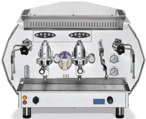 Front view of 2 Group Volumetric Espresso Machine Gold Finish With 4 Cup Dosing Keypad, Dual Pivoting Steam Wands, Hot Water Tap