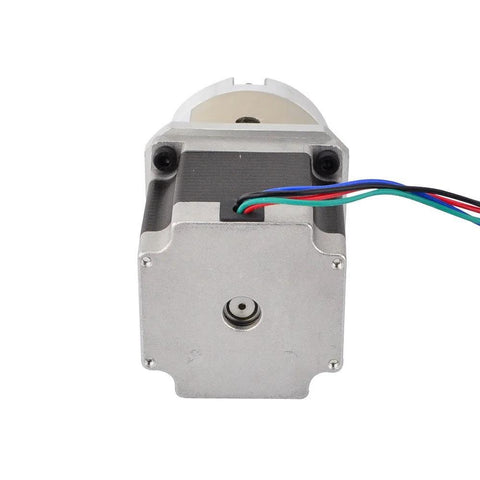 Front view of a NEMA 23 stepper motor with planetary gearbox; silver aluminum body and multicolor wires visible.