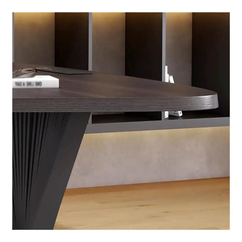 Rock Solid Adjustable Sit Stand Desk With Integrated Charging Outlets And Sculpted Wave Base, close-up view of stylish edge and wave base.