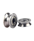 10 Piece V Groove Miniature Bearings And U Shape Pulley Wheels For Wire Guide Tracks, steel U pulleys shown from different angles.