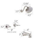 Dimensional view of Oakmont Bath And Shower Trim Kit With Valve And Dual Handle High Pressure Shower Head Water Saving Satin Nickel Finish