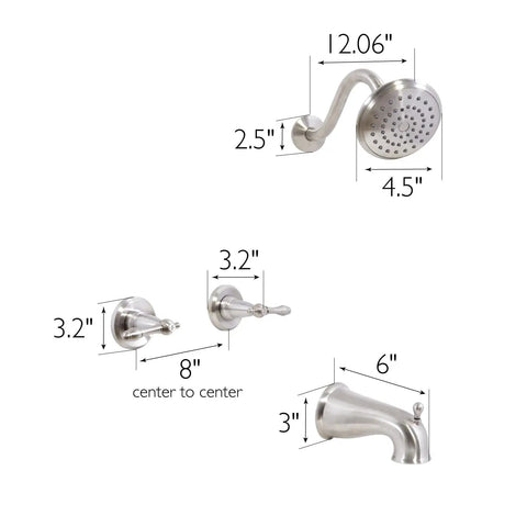 Dimensional view of Oakmont Bath And Shower Trim Kit With Valve And Dual Handle High Pressure Shower Head Water Saving Satin Nickel Finish