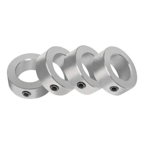 Four Workhorse One Quarter Inch Bore Solid Steel Zinc Plated Set Screw Shaft Collars with Four Ten Thirty Two By One Eighth Set Screws