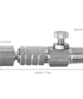 Side view of a metal airbrush quick disconnect with valve, dimensions shown. Part of an Airbrush Quick Disconnect Kit Set Of Three.