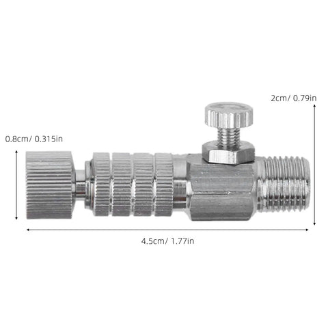 Side view of a metal airbrush quick disconnect with valve, dimensions shown. Part of an Airbrush Quick Disconnect Kit Set Of Three.