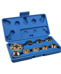 Hella Precise 10 Piece Brass Router Guide Bushing Set Featuring Slick Template Base Plate And Rock Solid Centering Pin For Top Shelf Woodworking Tasks And Universal Machine Fit in blue case.