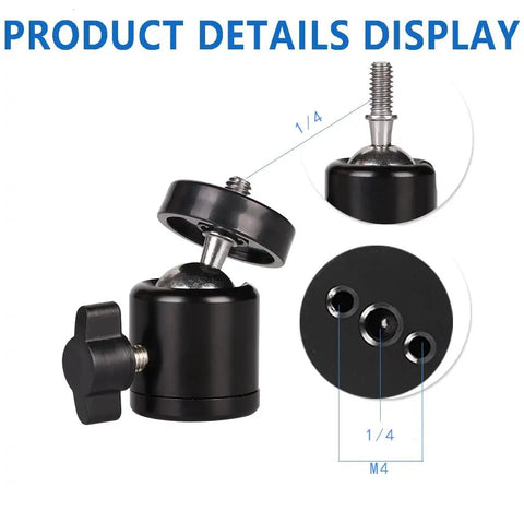 Hot Shoe Mount Adapter With 360 Degree Swivel Mini Ball Head And 1/4 Inch Screw product details display