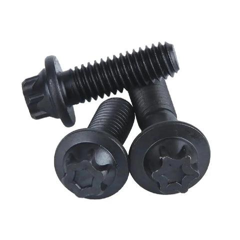 Kickass Heavy Duty Flanged Head Torx Bolts M5 M6 Hexagon Grade 12.9 Black Zinc Fastener Kit showing three Torx bolts with flanged heads.