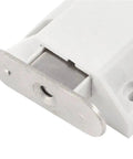 Close-up of Magnetic Push Latch Cabinet Hardware with Push To Open Touch Lock, white metal construction, stealth magnetic release.