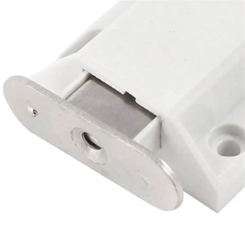 Close-up of Magnetic Push Latch Cabinet Hardware with Push To Open Touch Lock, white metal construction, stealth magnetic release.