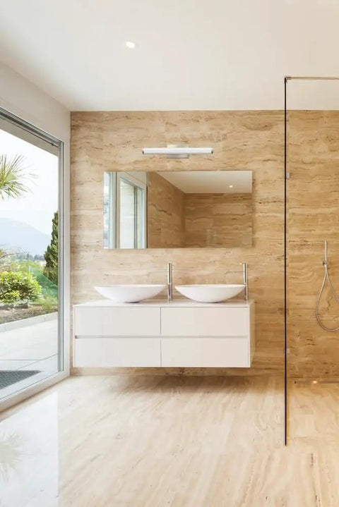 Modern bathroom with 24 Inch MVOLT Vanity Light Fixture With Cylinder Shade Color Temperature Switchable 3000K 3500K 4000K 90 CRI KR Mount