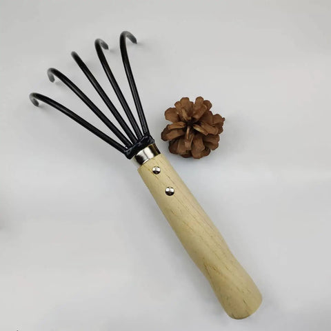 Japanese Ninja Claw Rake And Cultivator 5 Prong Garden Tool With Wood Handle, Tough Japanese Steel on white background