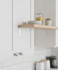 Sturdy Wall Mount Bracket For Floating Shelves And Cabinets L Shaped Steel Support In White Finish under a wooden shelf in kitchen