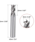 Front view of a 4-flute straight end mill cutter, HSS, 9 mm dia, 10 mm shank, 22 mm flute length.