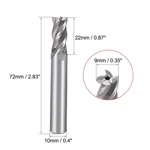 Front view of a 4-flute straight end mill cutter, HSS, 9 mm dia, 10 mm shank, 22 mm flute length.