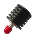 5W 50 Ohm Coaxial Dummy Load With Fixed Terminal, DC to 3GHz and Up to 6GHz Compatibility, Low SWR, Compact 43x30mm, Weighs 42g, Built for Reliable RF Testing, Tuning, Ham Radio Setups, and Lab Projects. Black finned dummy load with red terminal cap