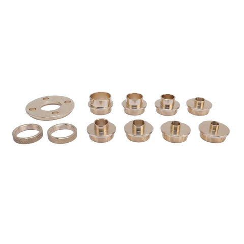 Workhorse Solid Brass Router Template Bushing Kit Offering Eight Tight Fit Sizes For Dead Straight Woodworking Routing with brass bushings.